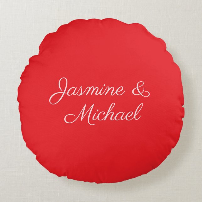 Red & White Handwriting Couple Names Wedding Round Pillow (Front)