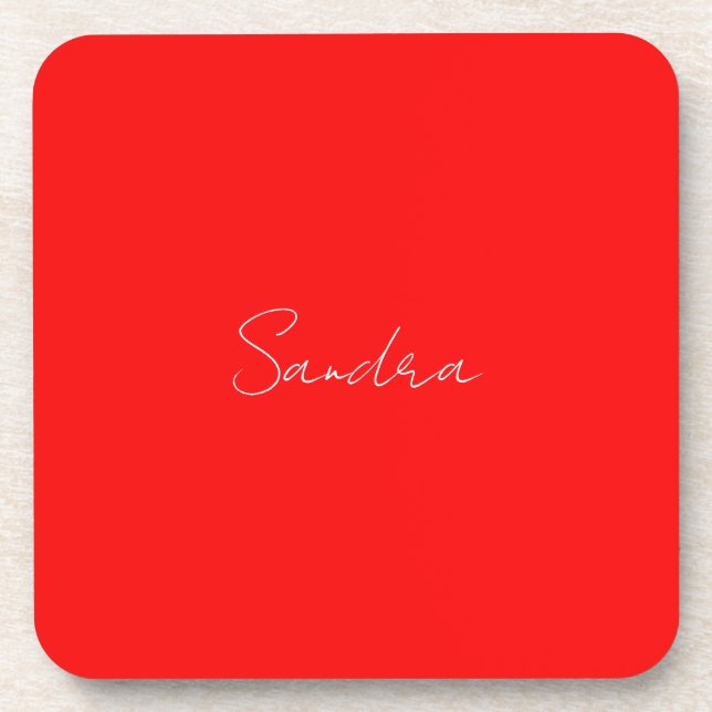 Red White Handwritten Minimalist Your Name Beverage Coaster (Front)