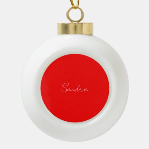 Red White Handwritten Minimalist Your Name Ceramic Ball Christmas Ornament