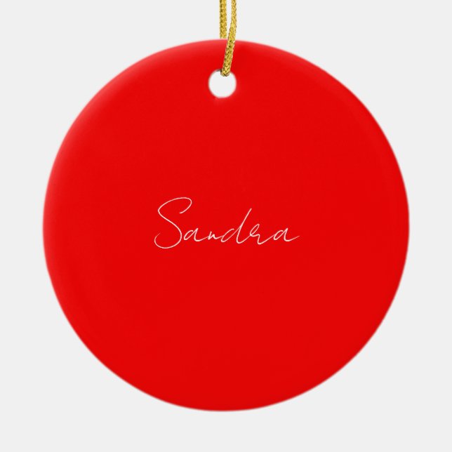 Red White Handwritten Minimalist Your Name Ceramic Ornament (Front)