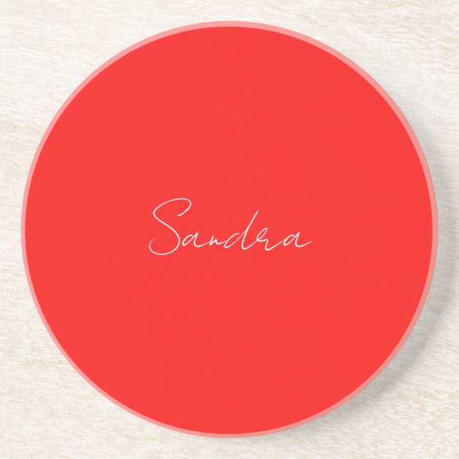 Red White Handwritten Minimalist Your Name Coaster (Front)