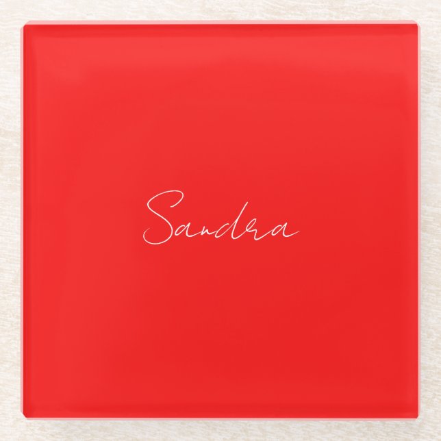 Red White Handwritten Minimalist Your Name Glass Coaster (Front)