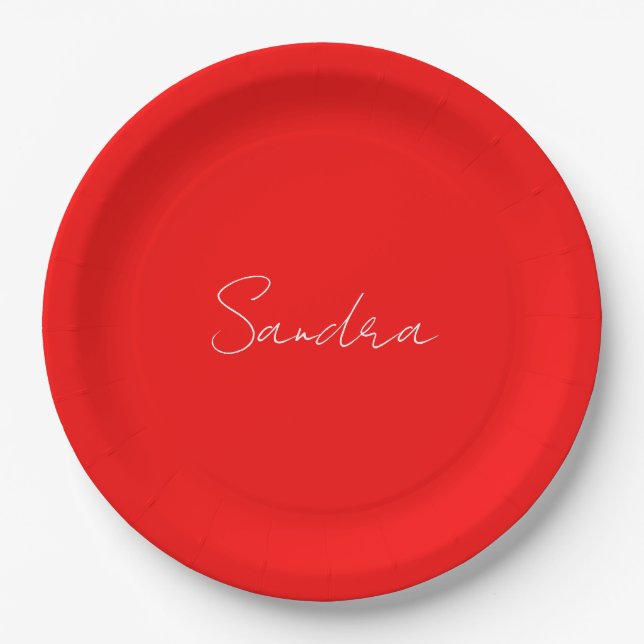 Red White Handwritten Minimalist Your Name Paper Plates (Front)