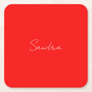 Red White Handwritten Minimalist Your Name Square Paper Coaster