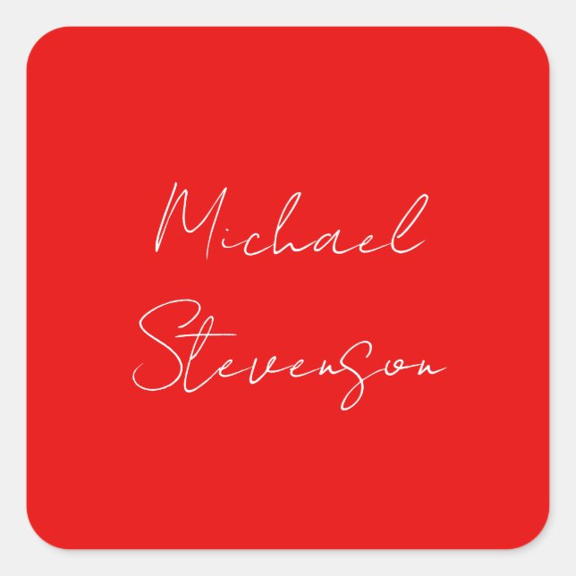 Red White Handwritten Minimalist Your Name Square Sticker (Front)