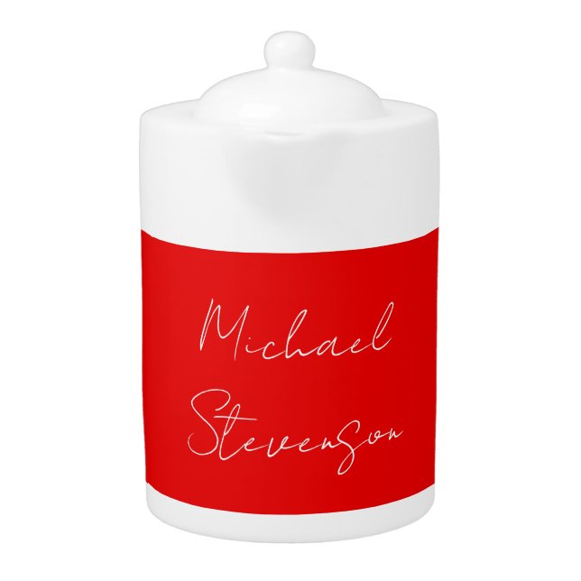 Red White Handwritten Minimalist Your Name Teapot (Front)