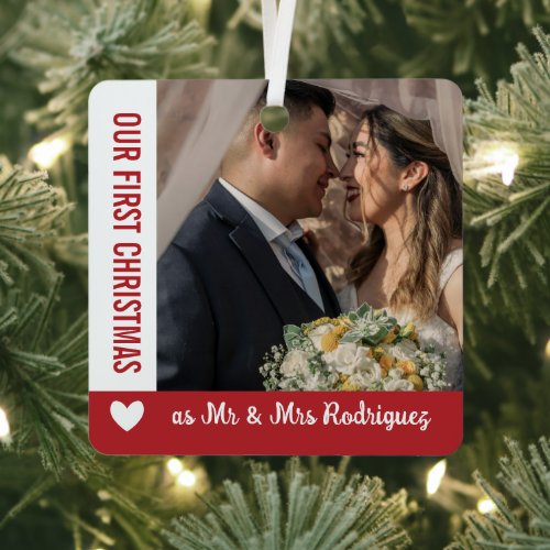 Red White Heart 1st Christmas Mr &amp; Mrs Photo Metal Ornament