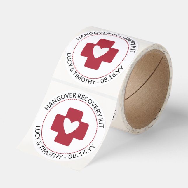 Red White Heart Hangover Recovery Kit Wedding Classic Round Sticker (Roll)