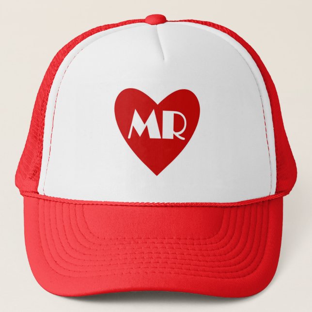 Red white heart Mr wedding title hat (Front)