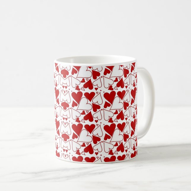 Red & White Heart Pattern Love-Themed Coffee Mug (Front Right)