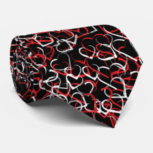 Red white heart pattern on black background neck tie