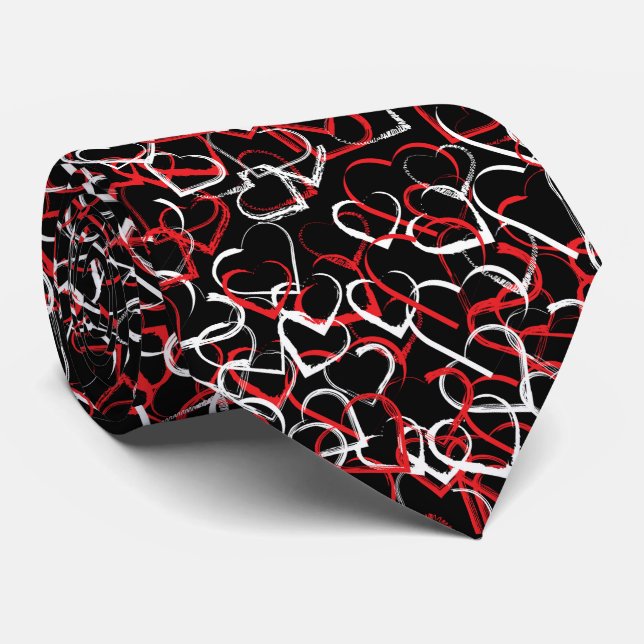 Red white heart pattern on black background neck tie (Rolled)