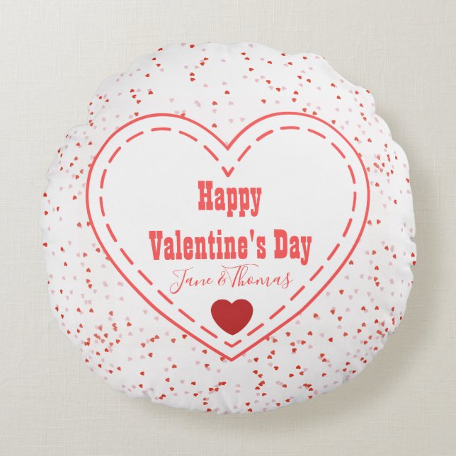 Red White Heart Simple Modern Happy Valentines Day Round Pillow (Front)