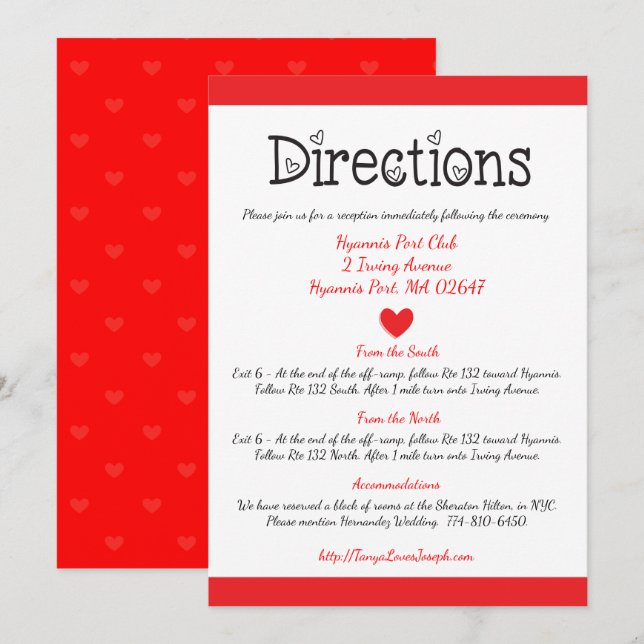 Red & White Hearts Directions / Details Wedding Invitation (Front/Back)