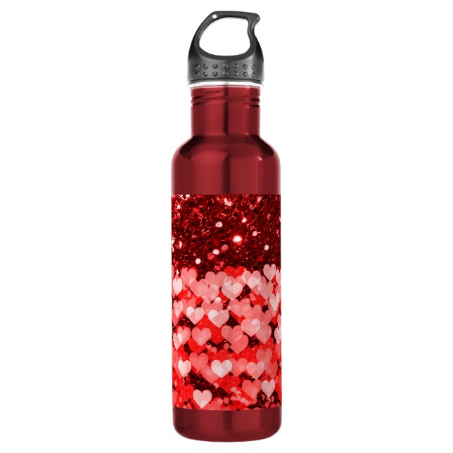 Red & White Hearts Faux Glitter Water Bottle (Front)