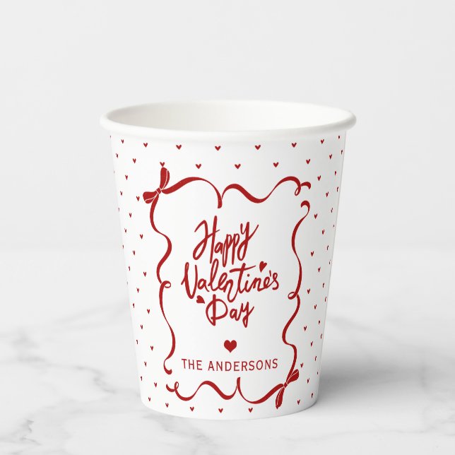 Red White Hearts Hand Drawn Bow Valentine's Day Paper Cups (Back)