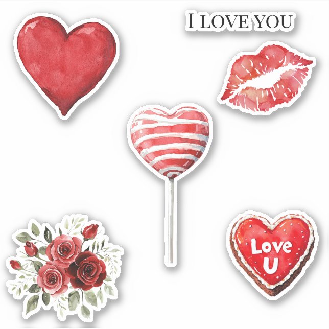 Red White Hearts Love Lips Roses Valentine's day Sticker (Front)