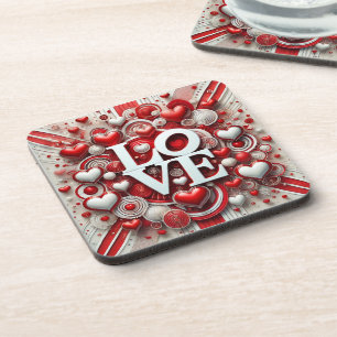 Red White Hearts Love Typography Valentine's Day Beverage Coaster