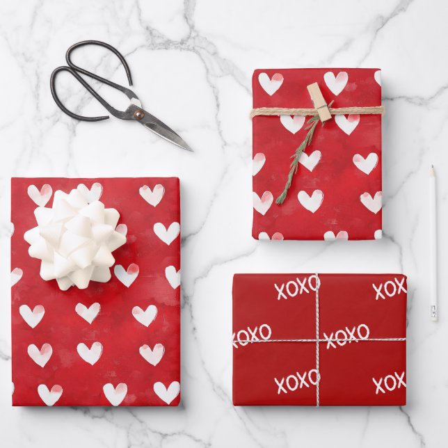 Red White Hearts Love Valentine's day Wrapping Paper Sheets (Front)