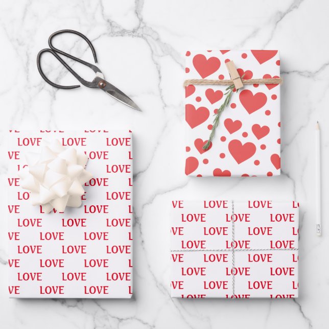 Red & White Hearts Modern Love Valentine's Day Wrapping Paper Sheets (Front)
