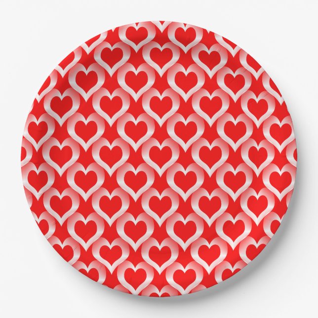 Red White Hearts Pattern Paper Plates (Front)