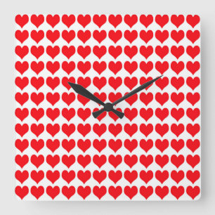 Red White Hearts Pattern Square Wall Clock