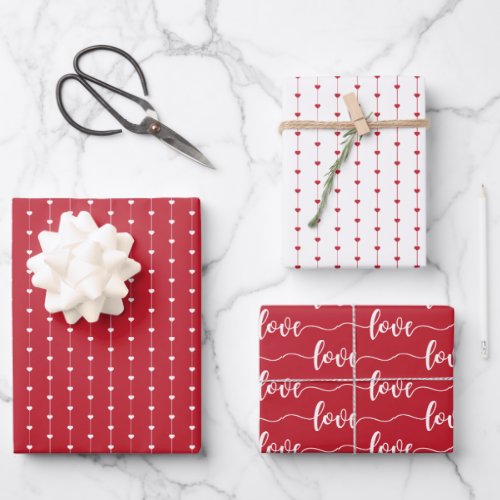 Red  White Hearts Script Love Valentines Day Wrapping Paper Sheets