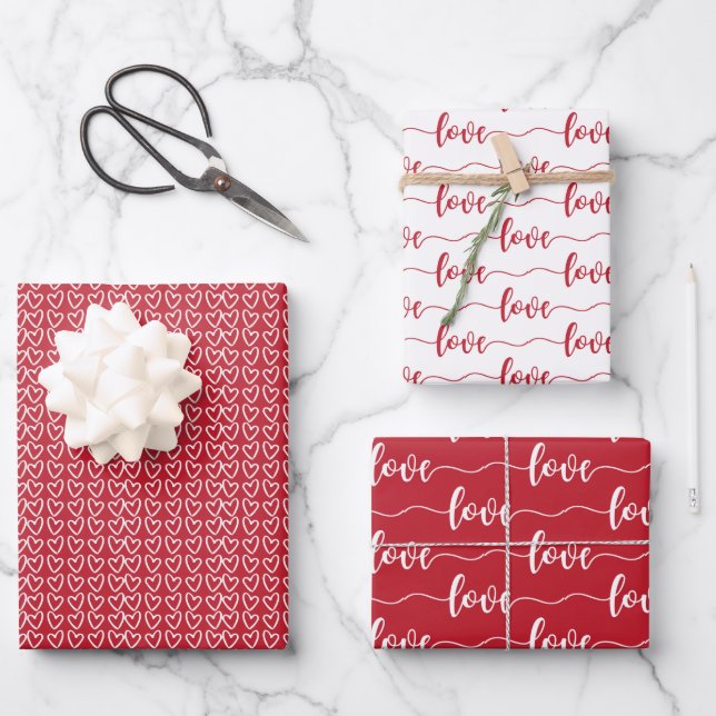 Red & White Hearts Script Love Valentine's Day Wrapping Paper Sheets (Front)