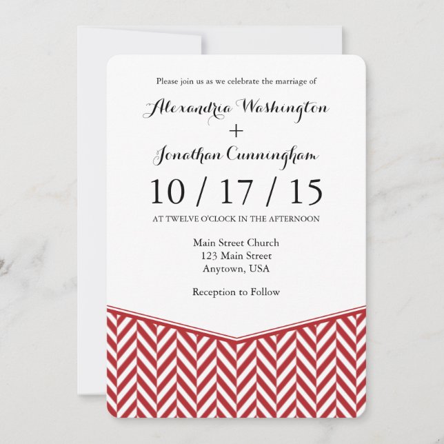 Red White Herringbone Wedding Invitation (Front)