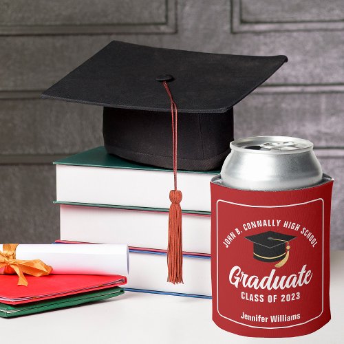 Red White High School Graduate Custom Graduation Can Cooler