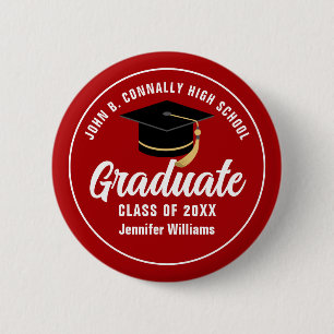 Red White High School Graduate Custom Name Tag Button