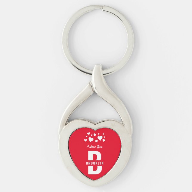 Red White Hipster Monogram Happy Valentine's Day Keychain (Front)