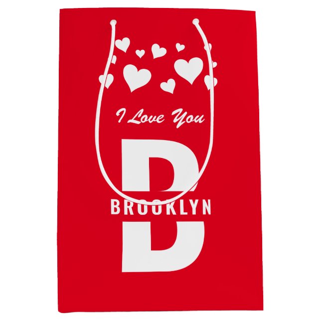 Red White Hipster Monogram Happy Valentine's Day Medium Gift Bag (Front)