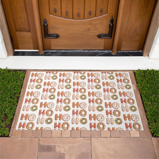 Red White Ho Ho Ho Gingerbread Cookie Christmas Doormat (Outdoor)