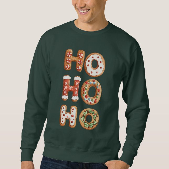 Red White Ho Ho Ho Gingerbread Cookie Christmas Sweatshirt (Front)