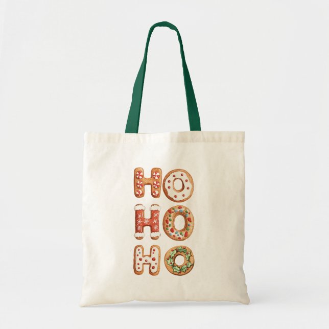 Red White Ho Ho Ho Gingerbread Cookie Christmas Tote Bag (Front)