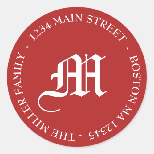 Red  White Holiday Monogram Return Address Classic Round Sticker