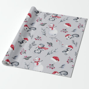 Red & White Holiday Penguins & Snowmen Silver Wrapping Paper