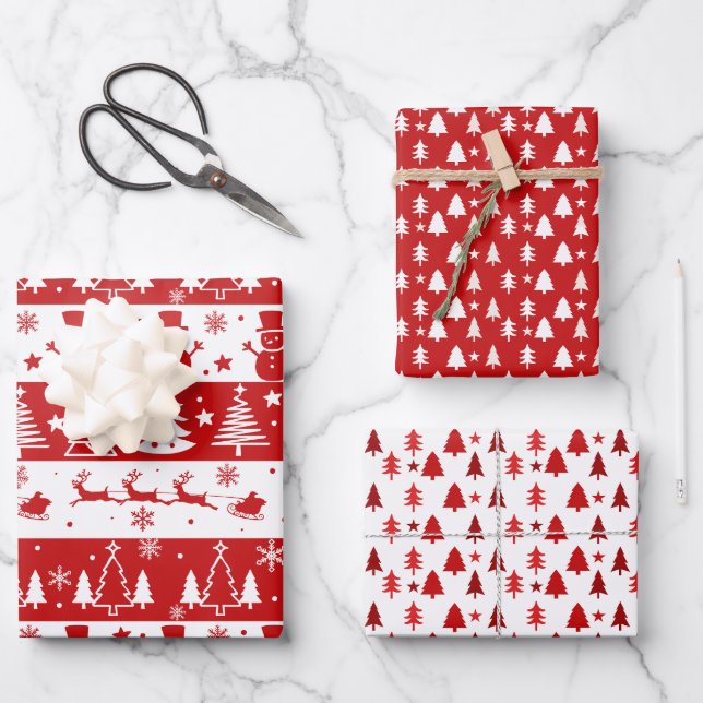 Red White Holiday Trees, Sleigh, and Snowmen Wrapping Paper Sheets (Front)