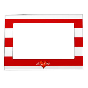 Red White Horiz Stripe Red Metallic Heart Monogram Magnetic Picture Frame
