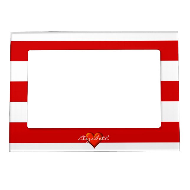 Red White Horiz Stripe Red Metallic Heart Monogram Magnetic Picture Frame (Front)