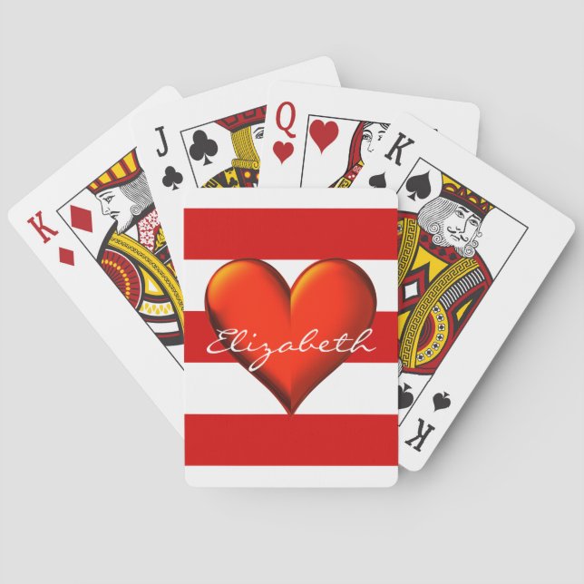 Red White Horiz Stripe Red Metallic Heart Monogram Poker Cards (Back)
