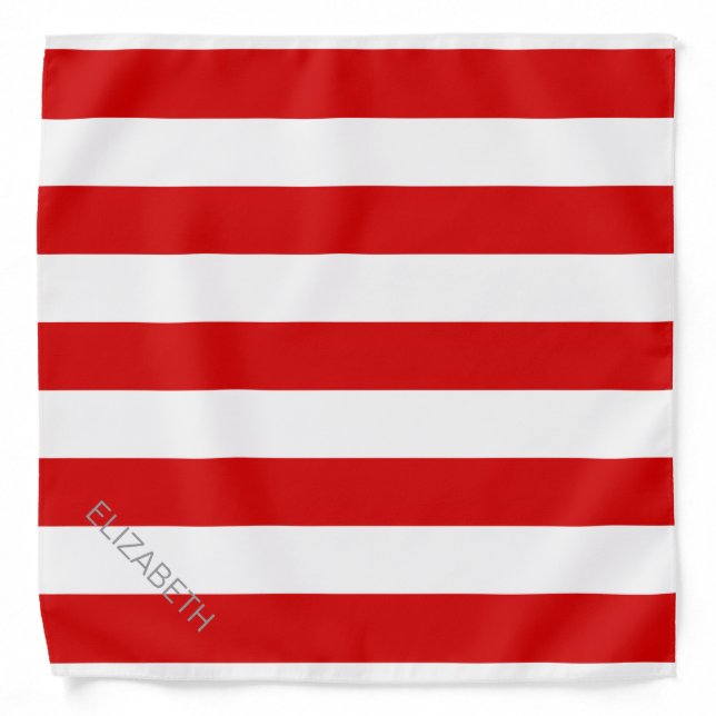 Red White Horizontal Preppy Stripe Name Monogram Bandana (Front)