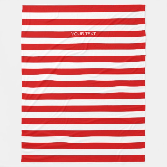 Red White Horizontal Preppy Stripe Name Monogram Fleece Blanket (Front)