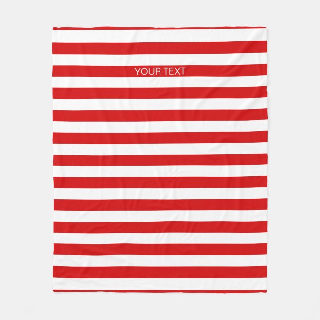 Red White Horizontal Preppy Stripe Name Monogram Fleece Blanket (Front)