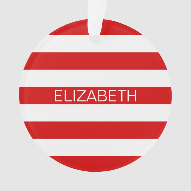Red White Horizontal Preppy Stripe Name Monogram Ornament (Front)