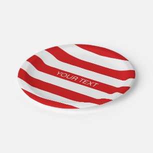 Red White Horizontal Preppy Stripe Name Monogram Paper Plates