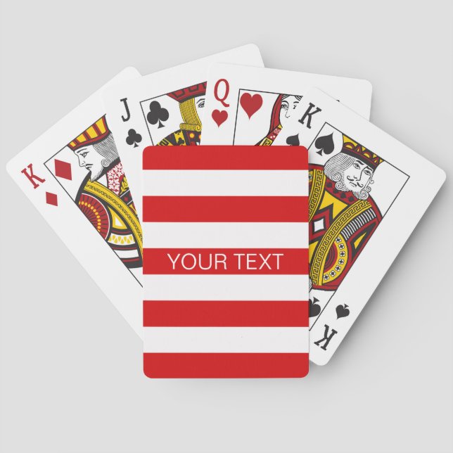 Red White Horizontal Preppy Stripe Name Monogram Poker Cards (Back)