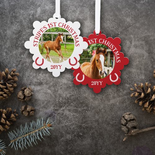 Red White Horseshoes Foals 1st Christmas Ornament Card