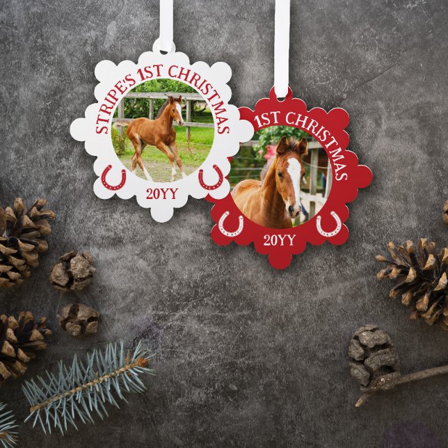 Red White Horseshoes Foal's 1st Christmas Ornament Card (Creator Uploaded)